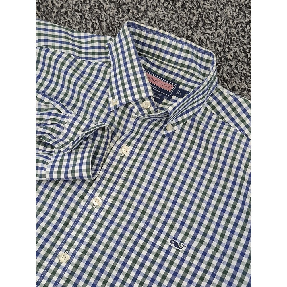 Vineyard‎ Vines Long Sleeve Mens Large Blue Green Plaid Slim Fit Tucker Cotton